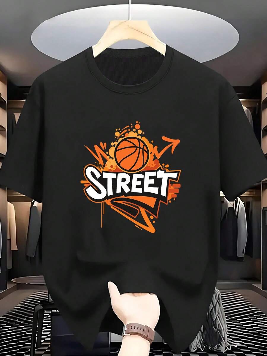 Men's Plus-Size T-Shirt, 100% Urban Style With Basketball Print, Crew Neck, Short Sleeves, Comfortable And Casual For Summer. Minimalist INS Lettering Print / Sports Pattern Collection With Religious-Style Lettering / Loose Fit And Soft To The Touch / The Ideal Gift Choice - 黑色 - 查看 1