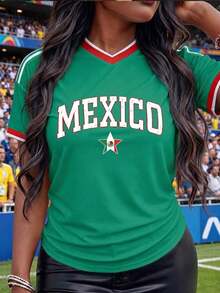 Women's Mexico Football Jersey With Heart Flag - Sporty Style Oversized Green  Y2K Football Motif V Neck Short Sleeve - 綠-5 - 查看 1