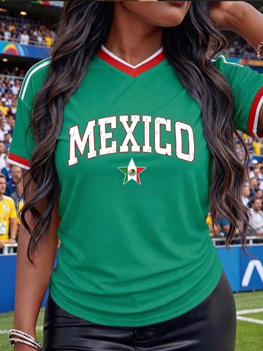 Women's Mexico Football Jersey With Heart Flag - Sporty Style Oversized Green Y2K Football Motif V Neck Short Sleeve - 綠-5 - 查看 1