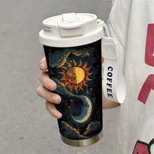 1pc/5pcs 500ml Celestial Sun & Moon Print Insulated Coffee Tumbler With Flip Lid & "COFFEE" Carry Strap, 304 Stainless Steel Leakproof Travel Mug, Cold & Hot Drinks, Perfect Astrology Lover Gift - Multicolor 1 - View 8