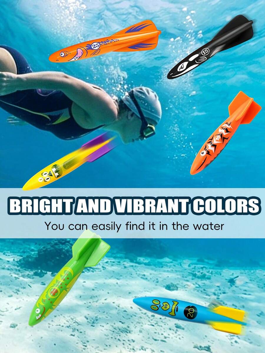 12pcs/Set Fun Cartoon Print Diving Rockets, Streamlined Glide & Sink Torpedoes, Pool Breath-Holding Training & Water Play Toys, Summer Water Fun Essentials! High Elasticity & Durable Diving Rockets, Pool Throwing Interactive Fun Toys - Multicolor - View 1