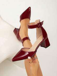 Women's New Fashion Burgundy High Heels, Cute Solid Color Minimalist Versatile Closed Toe Slingback Hollow Buckle Elegant Party Sexy Commute Office Pointed Toe Thick High Heel Sandals, All Season - Burgundy - View 6