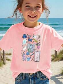 Cartoon Characters And Objects Printed T-Shirt For Kids - 粉色 - 查看 8