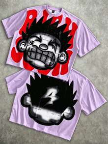 Manfinity Roghcode Men's Oversized Distressed Funny Diamond Teeth Tattoo Big Face Allover Print Cropped Loose T-Shirt (High Quality) - Mauve Purple - View 9