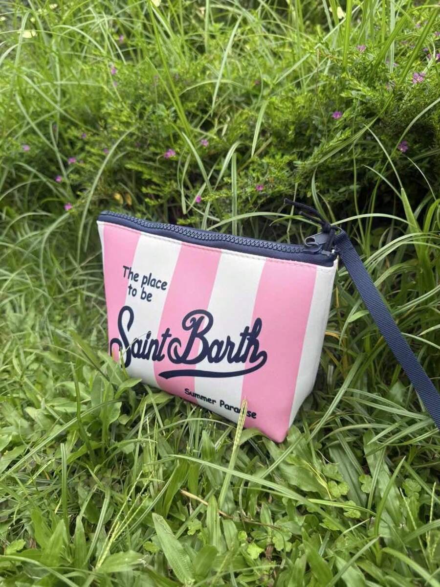 1 Piece Travel Makeup Bag, S-Saint B-Barth Material, Printed Striped Portable Storage Bag, Cosmetic Bag, Handbag, Makeup Bag, Travel Storage Bag, Zipper Organizer Bag, Lightweight Makeup Case, Unisex Travel Gift - Hồng - Xem 1