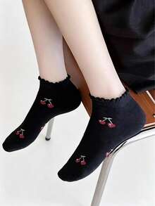 5 Pairs Women Cute Ruffle Cherry Ankle Socks, Soft Breathable Frilly Trim Low Cut Short Socks, Sweet Casual Daily Socks For Girls - Multicolor - View 6