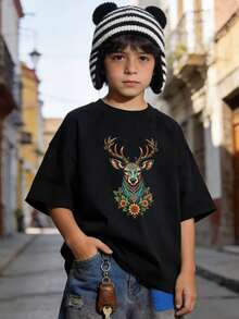 Camiseta de verano suave, manga corta y cuello redondo Para niño con estampado de ciervo,ideal para uso diario y actividades al aire libre.Black - Negro - Ver 7