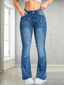 PETITE Women's Washed Stretch Denim Flare Pants, Featuring Heat Transfer Printing, Suitable For Concert Stage Wear - Medium Wash - View 1
