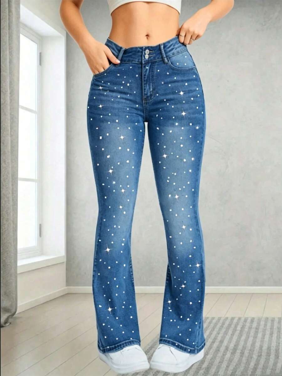 PETITE Women's Washed Stretch Denim Flare Pants, Featuring Heat Transfer Printing, Suitable For Concert Stage Wear - Medium Wash - View 1
