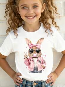 [Camiseta de moda para niñas] Camiseta de verano para niñas con moño, lentes de moda y estampado de conejo soplando burbujas, top versátil casual NY-DX8751 - Blanco - Ver 1