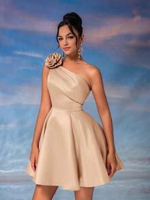 Lovelzi Elegante y lujoso vestido mini de fiesta con asimetría de volantes y flores 3D de color rosa loto - verde menta - Ver 12