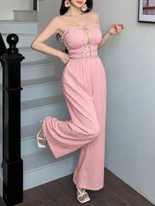 abyoxi Jumpsuit dài mùa hè nữ màu hồng, vải xếp ly vân, đai eo trang trí hoa, không dây hở lưng, cắt xẻ ngực, ôm eo tôn dáng, ống rộng, phong cách casual đi chơi, đi biển, hẹn hò, trà chiều, dạo phố hàng ngày, lãng mạn và quyến rũ - Hồng - Xem 5