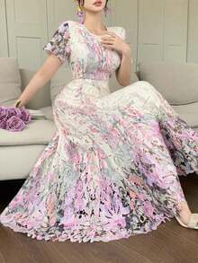 Vestido largo elegante y colorido con bordado calado para mujer, vestido de verano floral para mujer - Rosa 2 - Ver 8