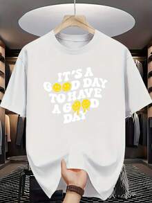 Redonda. 1 paquete. 100 % algodón. Feliz cada día: camiseta blanca de manga corta con diseño único, adecuada para uso diario y ocasiones deportivas. Estilo casual urbano. - Blanco - Ver 1