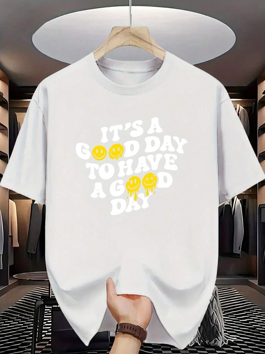 Redonda. 1 paquete. 100 % algodón. Feliz cada día: camiseta blanca de manga corta con diseño único, adecuada para uso diario y ocasiones deportivas. Estilo casual urbano. - Blanco - Ver 1
