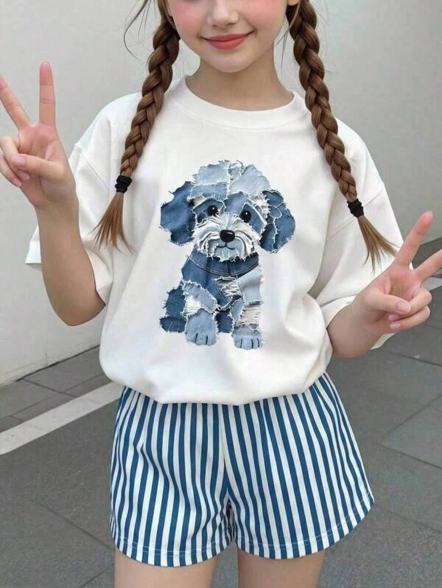 Ropa para niñas. disponible en tops. Conjunto informal de 1 piezas para niñas preadolescentes con camiseta de cuello redondo de manga corta con gráfico de cachorro texturizado y pantalones cortos holgados a rayas, adecuado para primavera y verano. Camiseta de algodón que absorbe el sudor y transpirable, básica de manga corta. (Camiseta de manga corta) - Negro - Ver 1