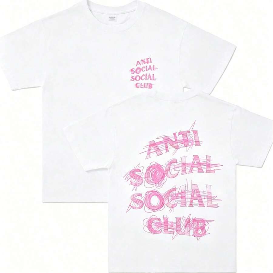Double-Sided Printed, Anti Social Club Printed T-Shirt, Suitable For Daily Wear, Casual Summer Wear, Slightly Elastic, Breathable, Outdoor Holiday Sports, Gift T-Shirt, Holiday Gift, Perfect Gift. - trắng - Xem 1