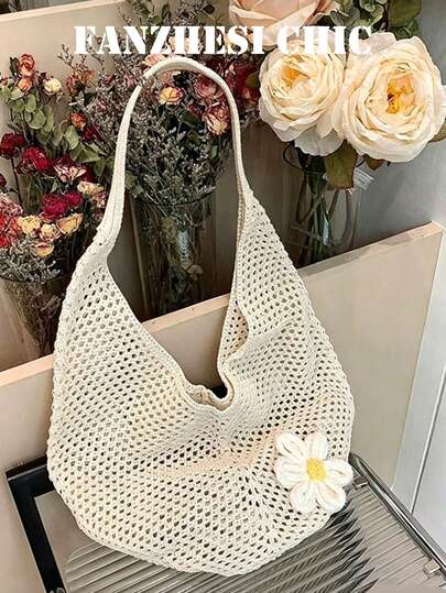 Beige Crochet Openwork Hobo Shoulder Bag With Daisy Accent, Lightweight And Breathable, Suitable For Ladies, Students And Young Girls, Perfect For Summer Outings, Beach Trips And Daily Errands, Spacious Enough For Books, Water Bottles And Essentials