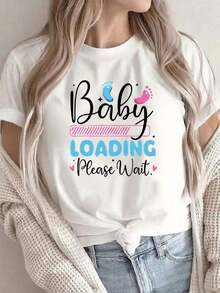 Women's Short-Sleeved T-Shirt Printed With The Phrase "Adorable Loading Please Hold," A Soft, Casual Crew Neck Top With A Fun Design, Ideal For Pregnancy Reveals And Everyday Wear. Lightweight And Comfortable, White With Pink And Blue Details. Solid Color Crew Neck T-Shirt, Soft And Breathable. - 白色 - 查看 1