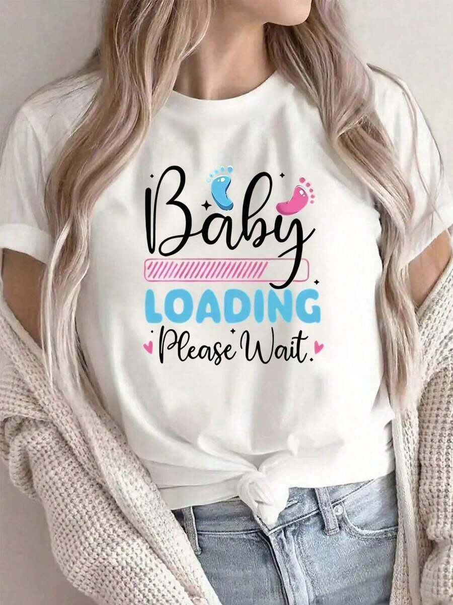 Women's Short-Sleeved T-Shirt Printed With The Phrase "Adorable Loading Please Hold," A Soft, Casual Crew Neck Top With A Fun Design, Ideal For Pregnancy Reveals And Everyday Wear. Lightweight And Comfortable, White With Pink And Blue Details. Solid Color Crew Neck T-Shirt, Soft And Breathable. - 白色 - 查看 1