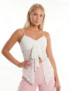 Womens Lace Halter Tank Tops Summer Fashionable Spaghetti Strap Handkerchief Hem Sheer Vest - White - View 5