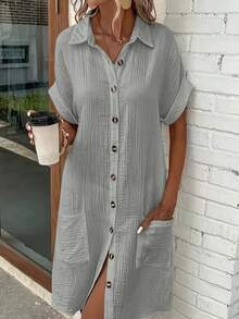 Vestido Camisero Casual de Color Sólido Moda 2026, Mini Vestido Elegante con Cuello de Solapa y Botones para Mujer, Ropa Cómoda de Verano Diario - Gris - Ver 3
