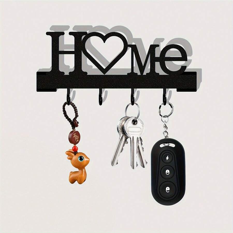 1pc Home Love Shaped Wall-Mounted Key Holder Organizer With Hooks, Suitable For Living Room Home Decor - A - View 1