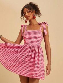 xheTravachic Vestido de verano de mujer con cuello cuadrado, sin mangas, con cintura ajustada y lazo delantero, en estampado floral. Conjunto de vacaciones para mujer, atuendos para vacaciones, atuendos de playa, conjuntos de verano para mujer, vestidos de verano para mujer, vestidos para mujer, vestido de veranoxhe - Rojo y blanco - Ver 5