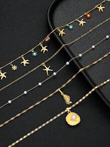 3件套时尚简约波西米亚风仿珍珠海星贝壳花朵彩色雏菊金色多层项链套装，适合女性夏季海滩度假派对生日礼物日常佩戴 - 金黃色 - 查看 4
