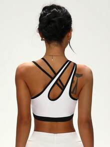Women's Solid Color Removable Padded Criss-Cross Back Sports Knit Bra - Black and White - View 2