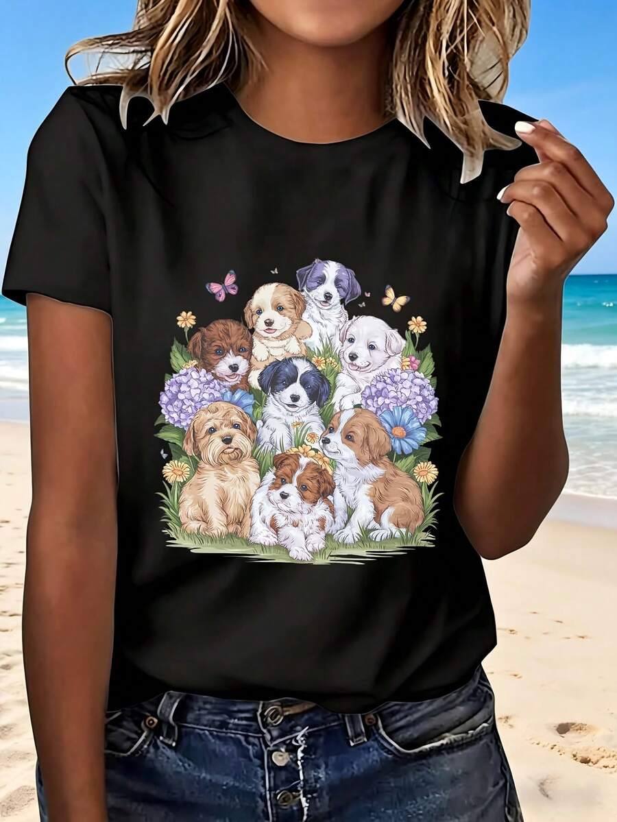 Cute Puppy Dog Print T Shirt With Flowers And Butterflies Fashion Design Casual Wear For Women Perfect Gift For Pet Lovers Beach Outing Outdoor Leisure Cute Animal Pattern Summer Style - Negro - Ver 1