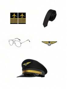 飛行員機長 Cosplay 配件套裝，黑色帽子、領帶、肩章、機翼徽章，航空制服道具，適用萬聖節航空主題派對裝扮造型 - 彩色 - 查看 15