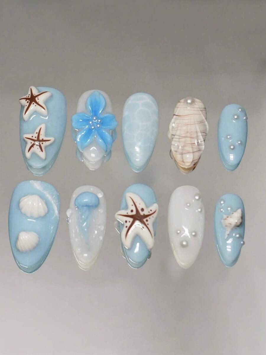 10件海洋風假指甲 - 淺藍色3D貝殼 & 水母設計,可重複使用DIY夏季海灘指甲,適用於女性 - 淺藍色 - 查看 1