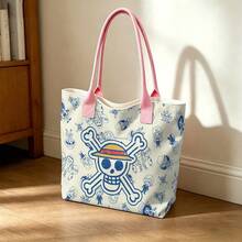 Miniso One Piece Cute Straw Hat Pirates Jolly Roger & Chibi Crew Print Canvas Tote Bag, Beige Shoulder Bag For Daily Use - Black - View 2