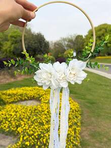 Boho Bridal Hoop Bouquet With Lace Tassel, Artificial Rose & Eucalyptus Handheld Flower Wreath For Wedding, Bridesmaid, Photo Prop - Multicolor - View 4