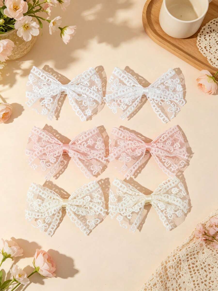 6pcs Multi-Color Baby Hair Clips Lace Bow Design Suitable For All Seasons Perfect Gift Choice For Photography - Multicolor - View 1