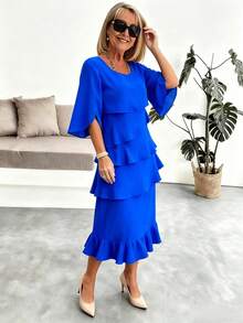 Women's Spring Summer Fashion Tiered Ruffle Crewneck Loose Fit Flowy A-Line Midi Dress Elegant Swing Dress For Daily Beach Vacation Date Night - 藍色 - 查看 2