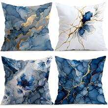 4pcs Blue Marble Floral Pattern Cushion Cover Set, Single-Sided Printed Throw Pillow Covers For Living Room Sofa Bedroom, 40x40cm/45x45cm/50x50cm, Pillow Insert Not Included - Multicolor - View 1