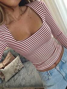 Vaiaye Women's Sexy Fitted Long Sleeve Blouse, Square Neck, Solid Color, Casual And Versatile, Minimalist For Everyday Wear, Spring/Summer - 墨綠色 - 查看 4