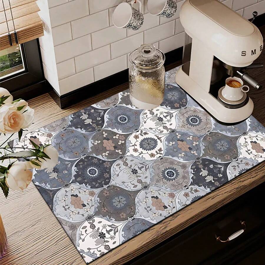 1 pieza Estera de secado de platos absorbente con patrón floral de diamante vintage, decoración del hogar, apta para máquina de espresso, fregadero, grifo, baño, accesorios de cocina - Multicolor - Ver 1
