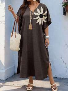 Weeklong Vestido holgado con cuello en V y mangas raglán con aplicaciones, adecuado para uso diario y vacaciones, tallas grandes para mujeres - Multicolor 6 - Ver 3