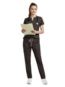 Set de 2 piezas Uniforme de enfermera para mujer, Parte superior + Pantalones con bolsillos, Ropa de trabajo para sala de cirugía, Ropa de trabajo para salón de belleza Primavera - Marrón Chocolate - Ver 7