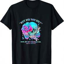 T-Shirt With A Fun Mexican Day Of The Dead Skull Print, Ideal For All Seasons. 220g Cotton, Printed On One Side, Round Neck, Short Sleeves. - 黑白 - 查看 7