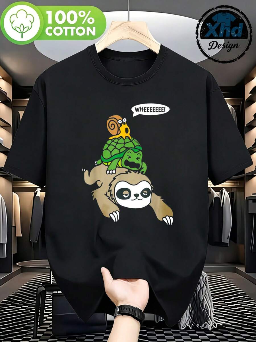 Camiseta de algodón 100 por ciento estilo divertido y cómico para hombre con diseño de perezoso tortuga y caracol que dice WHEEEEEEEI ideal para uso diario en verano y primavera perfecta como regalo para amigos amantes de los animales - Negro - Ver 1