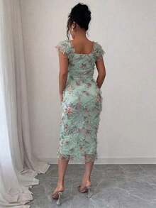 Vestido midi elegante y romántico de mujer con malla impresa y fruncido, adecuado para la temporada de bodas, fiestas, citas, salidas casuales, primavera/verano - Verde Claro - Ver 2