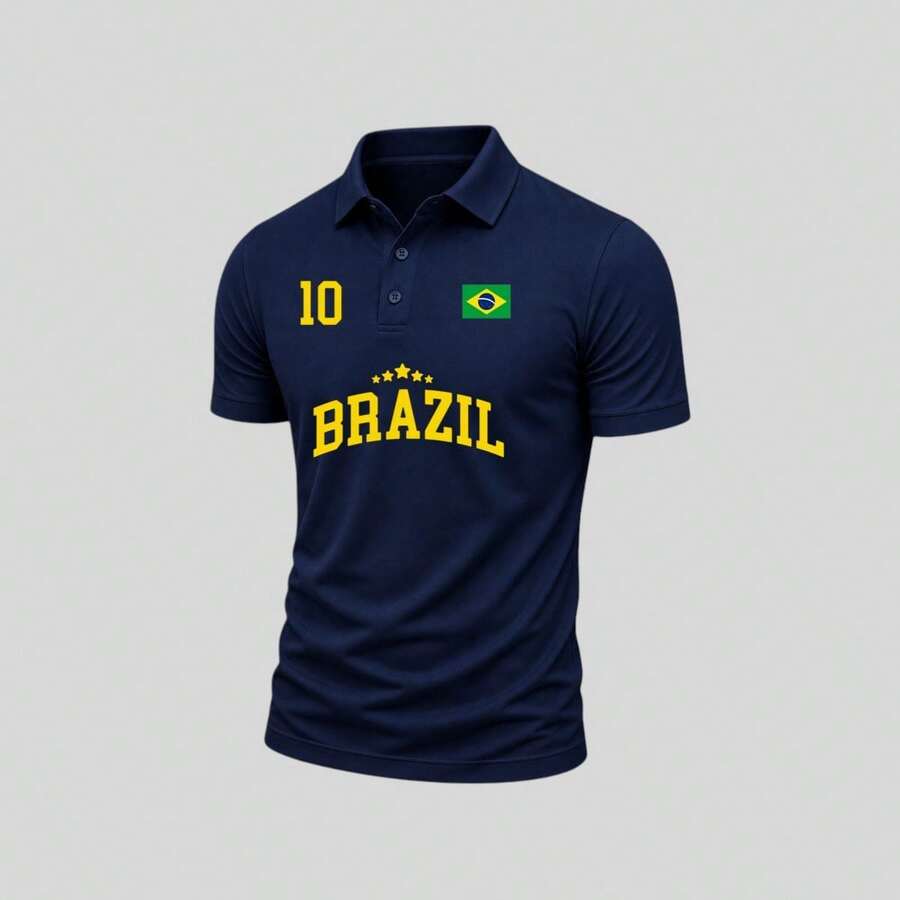 Men's Polo Shirt For The 2026 Brazil World Cup, Premium Piqué Knit - Navy Blue - View 1