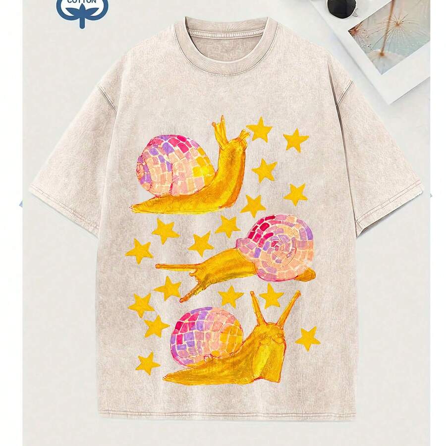 1%, Watercolor Snail Dance Starlight Printed T-Shirt, Suitable For Daily Wear, Easy To Wear In Summer, Comfortable Short-Sleeved Outdoor Holiday S, Fa - 杏色 - 查看 1