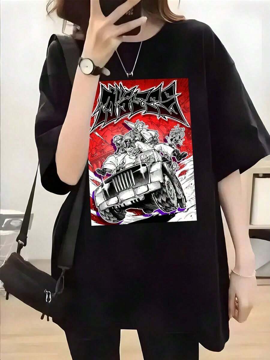 Gachiakuta Motorcycle Casual T-Shirt In Black And White, Crew Neck, Short Sleeve, Perfect Gift For Men, Clothing | Casual Style | Moisture-Wicking Fabric, Rapper Print T-Shirt - 180 G/M² Cotton, Unisex Casual Short-Sleeve T-Shirt For Men And Women, Comfortable For All Seasons, Machine Washable, Size KGKH - 黑色 - 查看 1