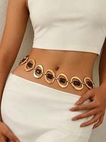 1 pieza Cadena de cintura estilo bohemio con eslabones redondos geométricos huecos exagerados, diseño personalizado premium versátil para mujeres, adecuada para uso diario, ir al trabajo y como regalo para amigas - Rojo oscuro - Ver 3