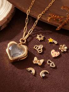 1pc Fashionable DIY Delicate Transparent Heart-Shaped Necklace, Includes Small Pendant Accessories, Can Be Freely Matched With Necklace, 14K Gold Plated, Copper Jewelry, Showcasing Unique Feminine Charm, Suitable For Women's Daily Casual, Social Events, Music Festivals, Also Can Be Worn As An Amulet - Multicolor - View 3
